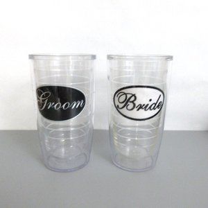Tervis Tumbler 16oz Matching 2 PC Set Bride & Groom Wedding Clear Insulated Cups